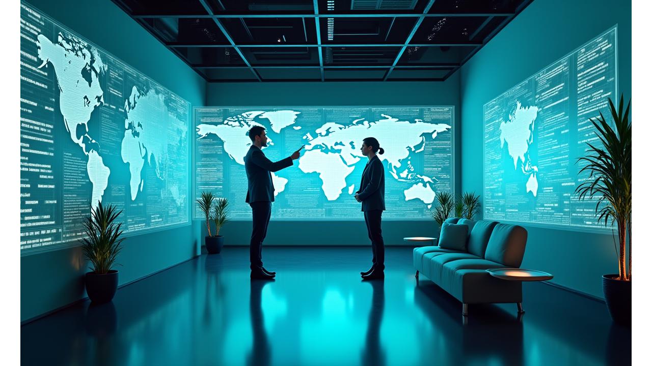 Un laboratoire de recherche moderne avec des écrans affichant des visualisations de données complexes et des cartes holographiques.