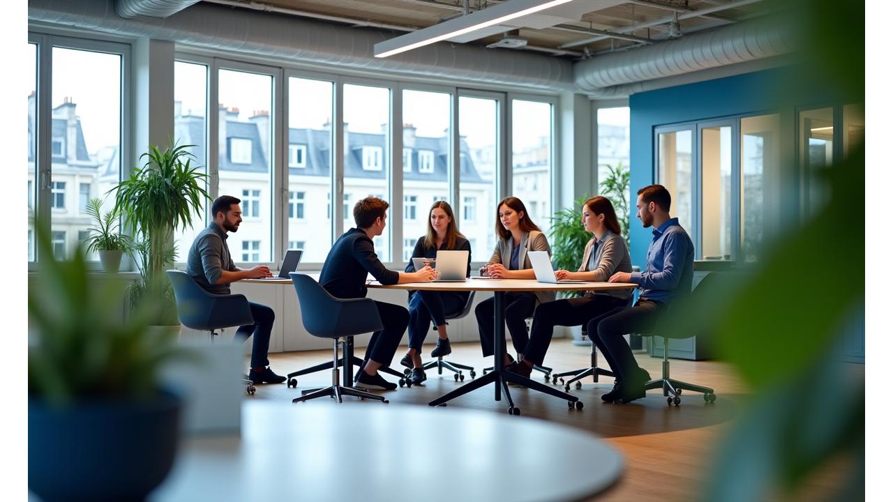 Intérieur lumineux et moderne d'un espace de travail collaboratif chez Voile Étoile, avec des équipes interagissant.