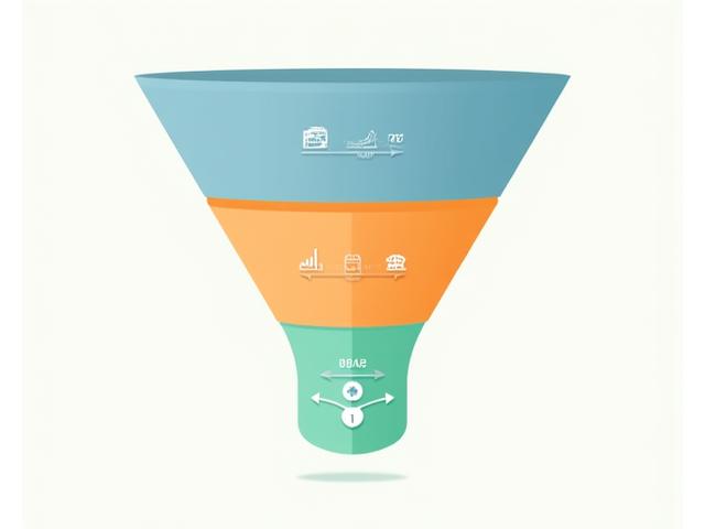 Un graphique représentant un entonnoir de conversion avec des flèches et des pourcentages à chaque étape, illustrant un parcours client optimisé.