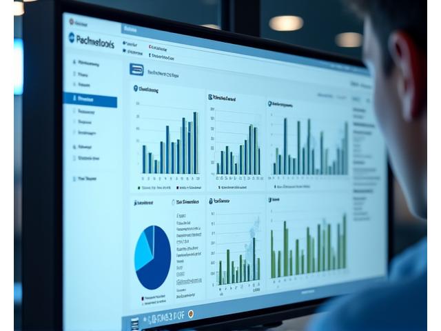 Un écran d'ordinateur affichant un tableau de bord analytique complexe avec des graphiques clairs et des données en temps réel, focalisé sur les KPIs du voyage.