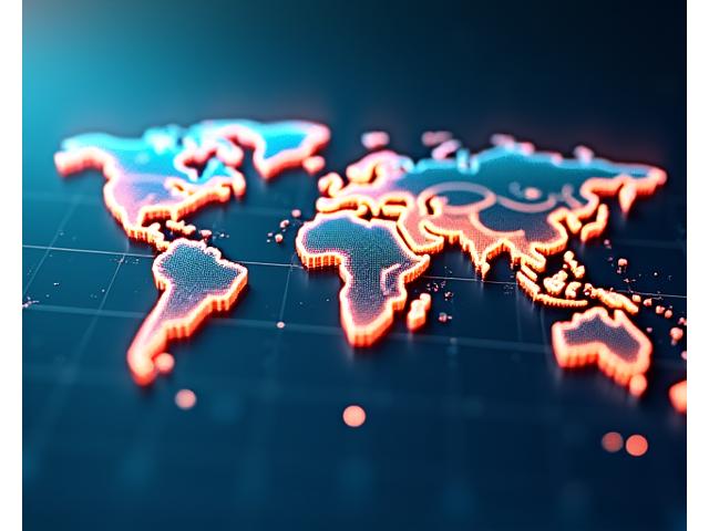 Une carte du monde avec des points lumineux et des flèches indiquant des flux de demande touristique, représentant l'intelligence marché prédictive.
