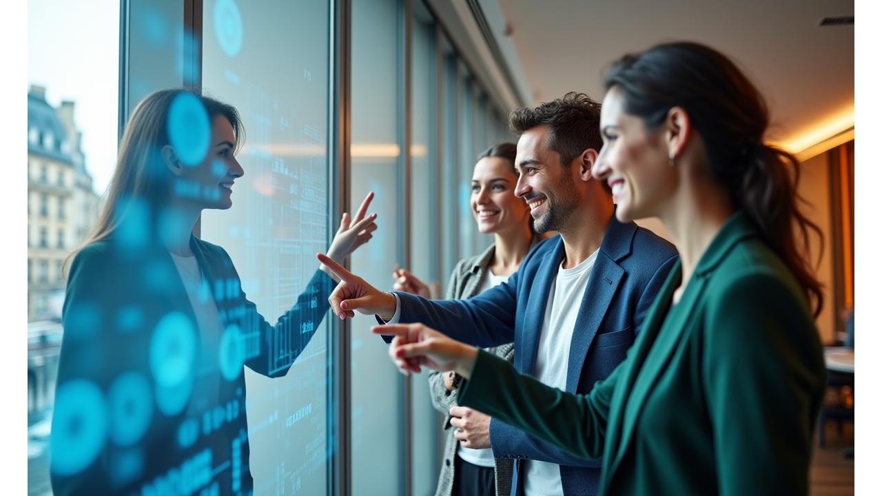 Équipe de spécialistes Voile Étoile discutant d'un projet technologique de voyage dans un bureau moderne à Paris.