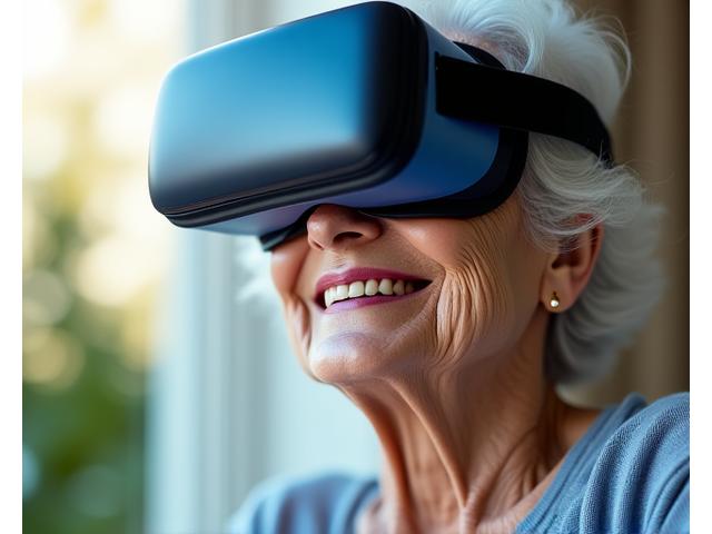 Une personne âgée souriante portant un casque VR, visiblement émue et transportée par l'expérience virtuelle, symbolisant l'accessibilité du voyage pour tous.