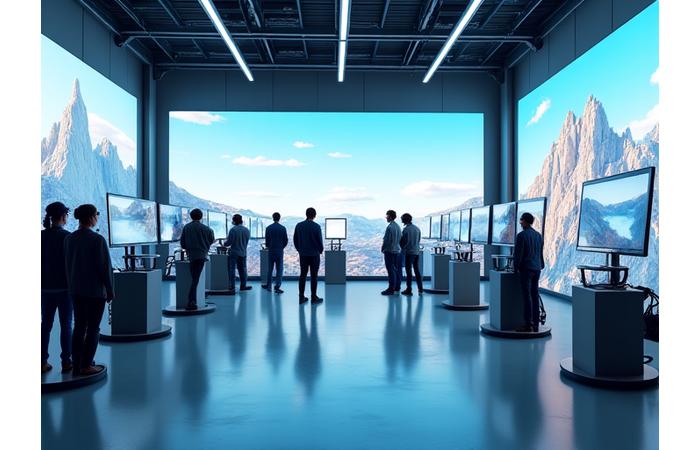 Un studio de développement VR moderne équipé d'écrans haute résolution, de casques VR et de caméras 360, dénotant un environnement de travail innovant et créatif.