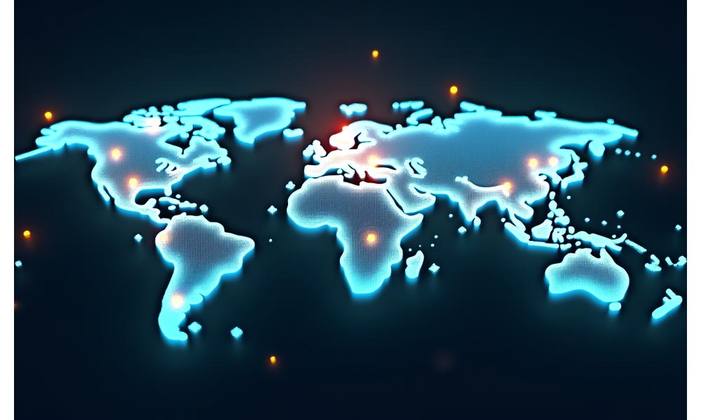 Une carte du monde stylisée, parsemée d'épingles lumineuses représentant des destinations virtuelles disponibles, suggérant une vaste couverture géographique et une interface interactive.