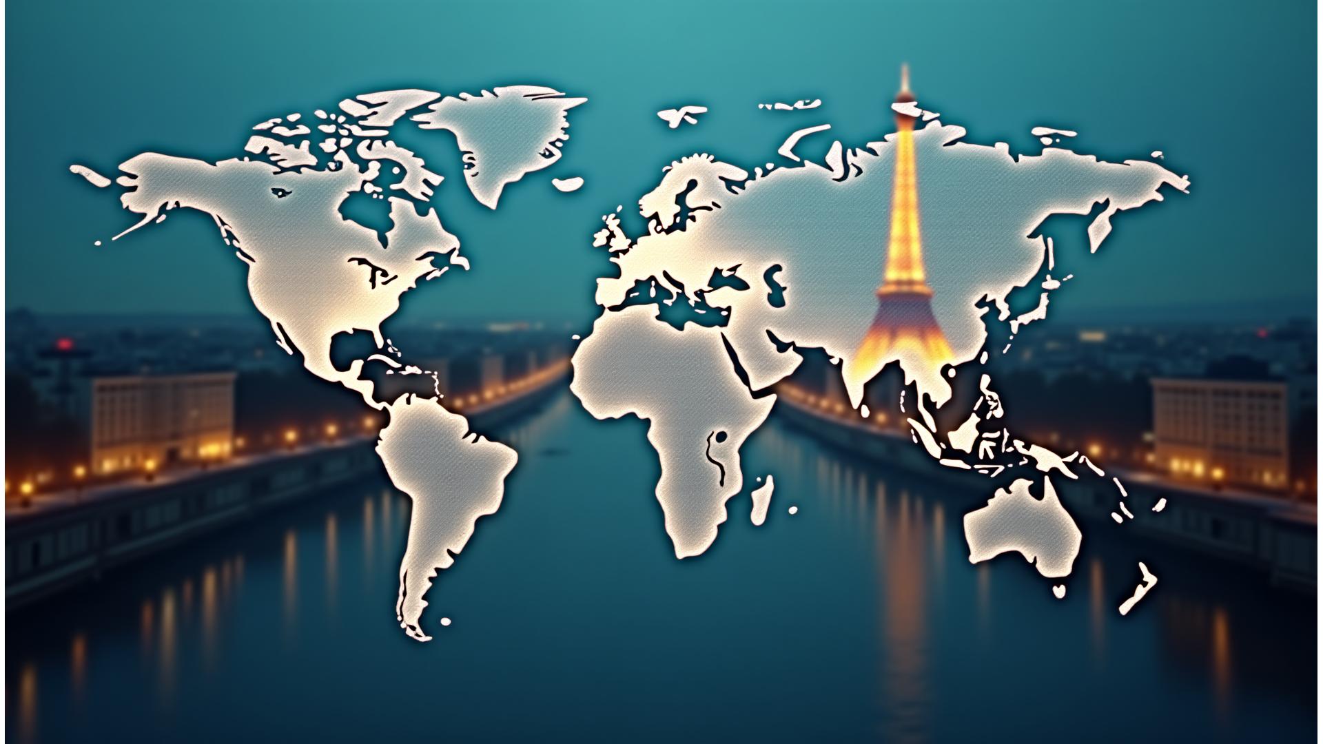 Intelligence Artificielle optimisant des itinéraires de voyage avec une carte du monde stylisée et des connexions lumineuses