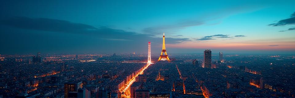 Silhouette de la skyline de Paris avec une superposition d'éléments technologiques lumineux