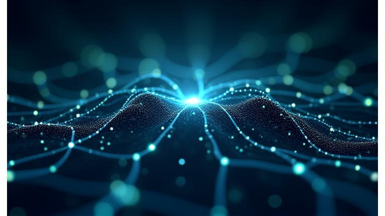 Visualisation abstraite du Machine Learning avec des réseaux neuronaux lumineux et des courbes de données. Des lignes interconnectées et des points lumineux symbolisent l'apprentissage et l'adaptation continue de l'IA.