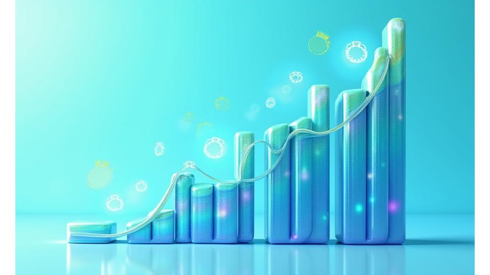 Graphique de projection ROI avec des barres de croissance vertes et bleues. Des icônes de devises et d'horloges flottent au-dessus, illustrant des économies financières et temporelles au fil des mois ou des années.
