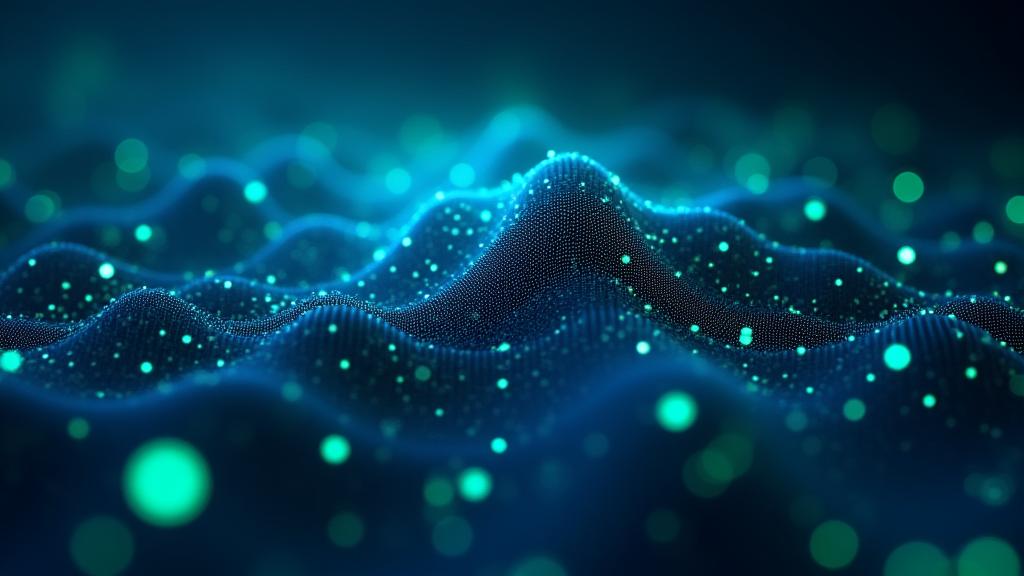 Visualisation en 3D d'une matrice complexe de données représentée par des points lumineux interconnectés et des lignes, symbolisant l'analyse de plus de 1000 variables par l'IA de Voile Étoile. Dominée par des tons bleus et verts.