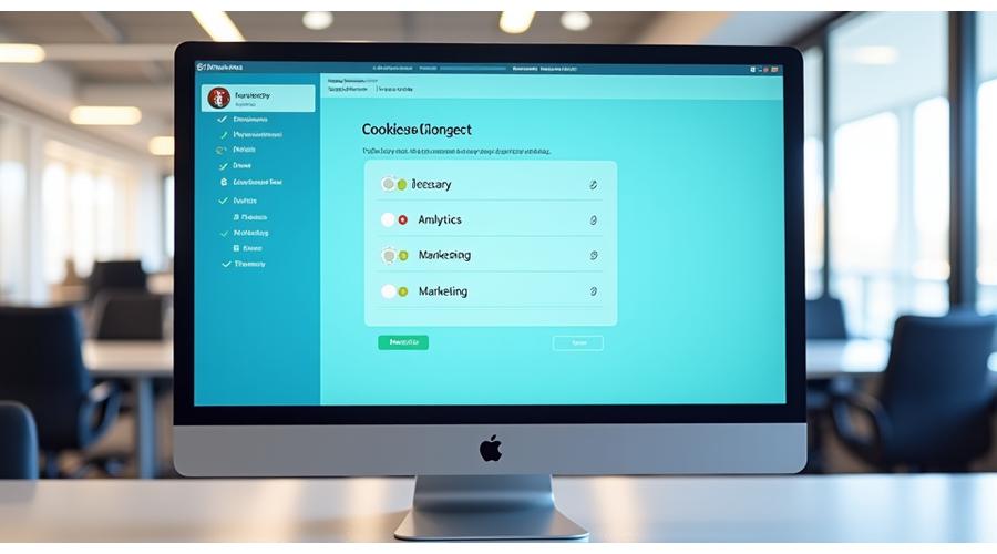 Interface utilisateur d'un gestionnaire de consentement de cookies sur un écran d'ordinateur, avec des curseurs pour activer ou désactiver différentes catégories de cookies.