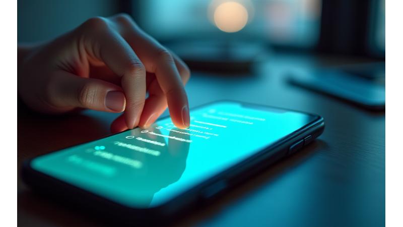 Illustration d'une main tenant un smartphone affichant des options de confidentialité et des icônes de contrôle.