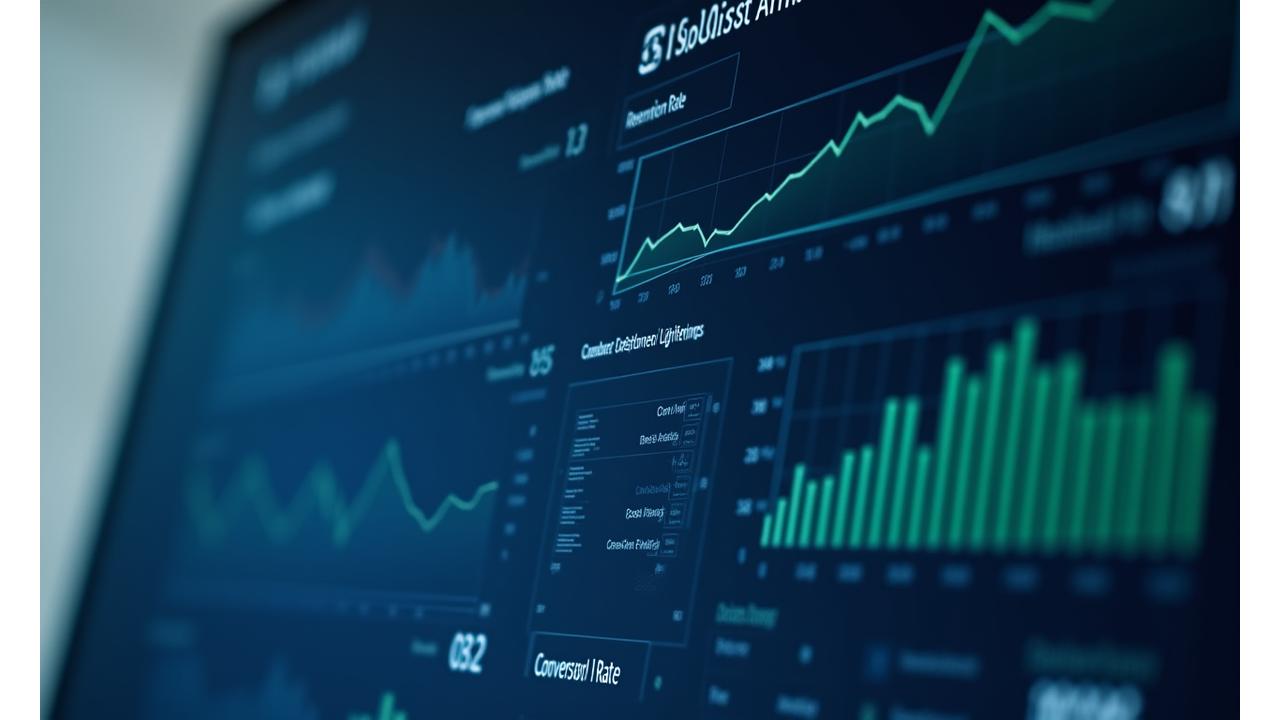 Illustration d'un tableau de bord analytique présentant des graphiques de performance avec des métriques clés comme la rétention client, la CLV et le taux de conversion, montrant une amélioration significative après implémentation.