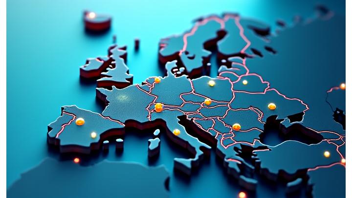 Carte de l'Europe mettant en évidence différents pays avec des icônes de devises et de drapeaux, représentant des solutions de tarification localisées