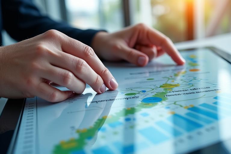 Une main experte guide une autre main à travers un graphique complexe d'indicateurs de durabilité, symbolisant le conseil personnalisé en stratégie environnementale.