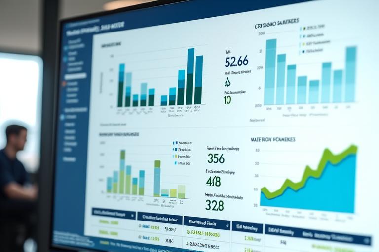 Tableau de bord numérique affichant des données clés sur la durabilité comme les émissions de CO2, la consommation d'eau et d'énergie, avec des graphiques clairs et des scores de performance.