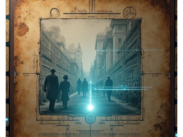Bibliothèque de médias immersive avec des icônes pour la vidéo, l'audio et la réalité virtuelle, affichant des extraits de films d'époque et des cartes anciennes.